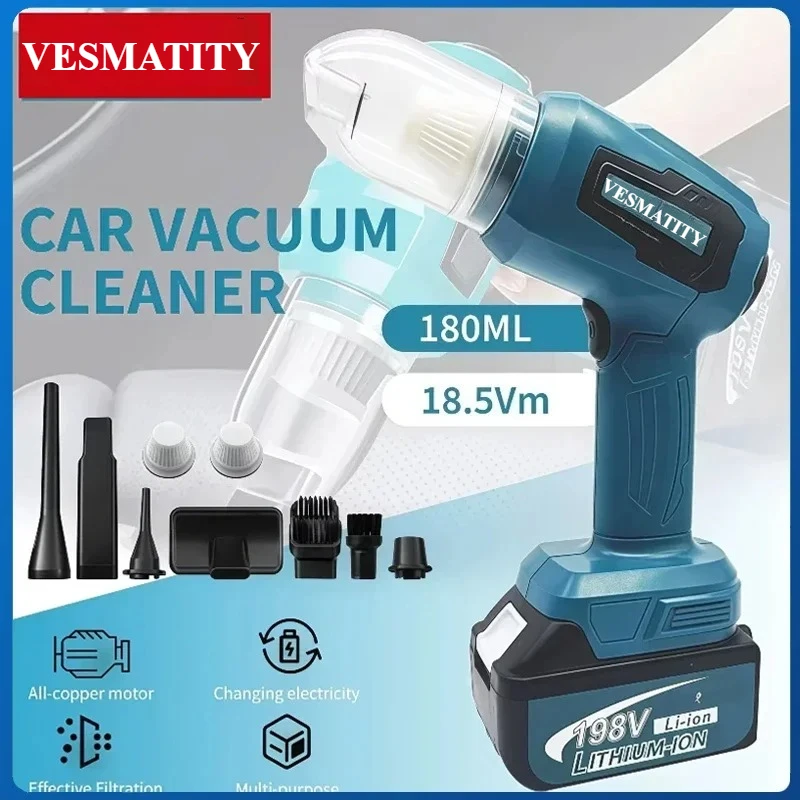 Cordless Vacuum Cleaner 7 Nozzles 200W 10000Pa Max 180ml Dust Collector Perfect for Car Workshop Use for 18V-20V battery.