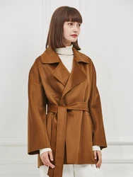 high-end  water rippled short double-sided cashmere wool coat women's small autumn winter coat caramel color 100% cashmere