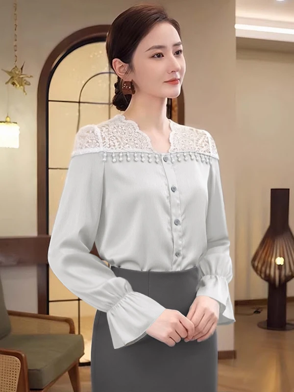 

Business Style Lace Patchwork Design Spring 2026 New Two-Piece Set Shirt Top Half Skirt Ensemble DM0329 Women's Fashion