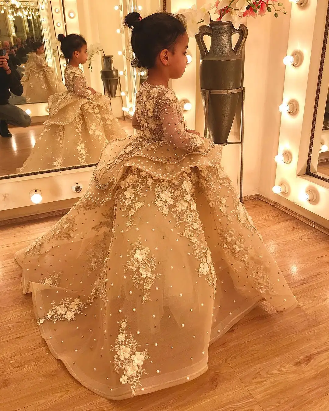 FATAPAESE Customized Princess Junior Bridesmaid Luxurious Gown Long Sleeve Illusion Lace Floral Spark Bead Tulle Wedding Party