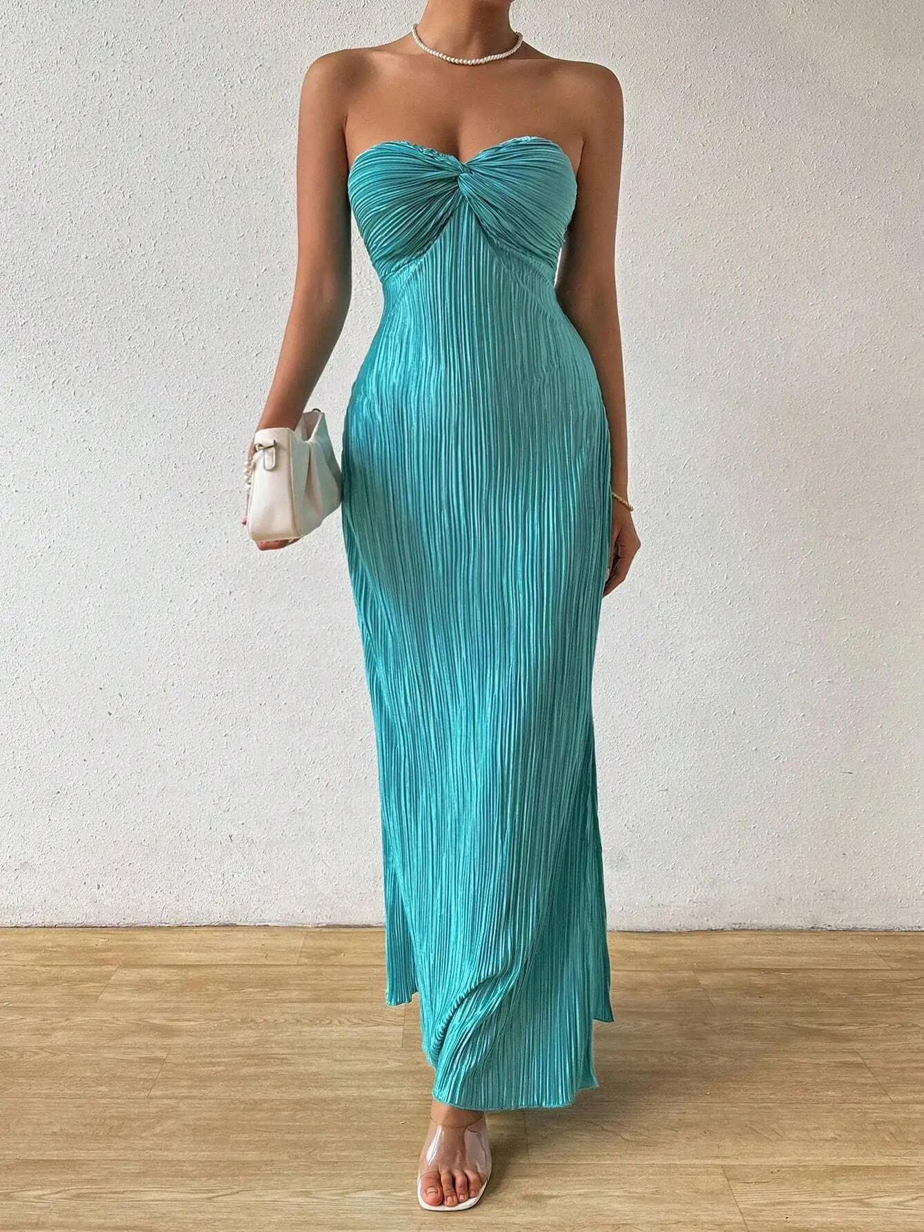 

Elegant Turquoise Ruched Twist Front Maxi Dress