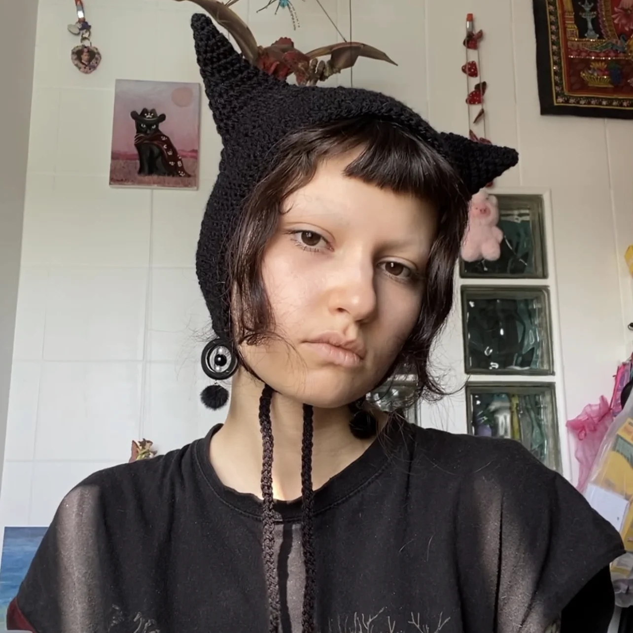 Gothic Y2K Hand Knitted Black Devil Cat Ear Bonnet with Tie Strings, Soft Warm Grunge Emo Witchy Pointed Horn Hat for Women Stre