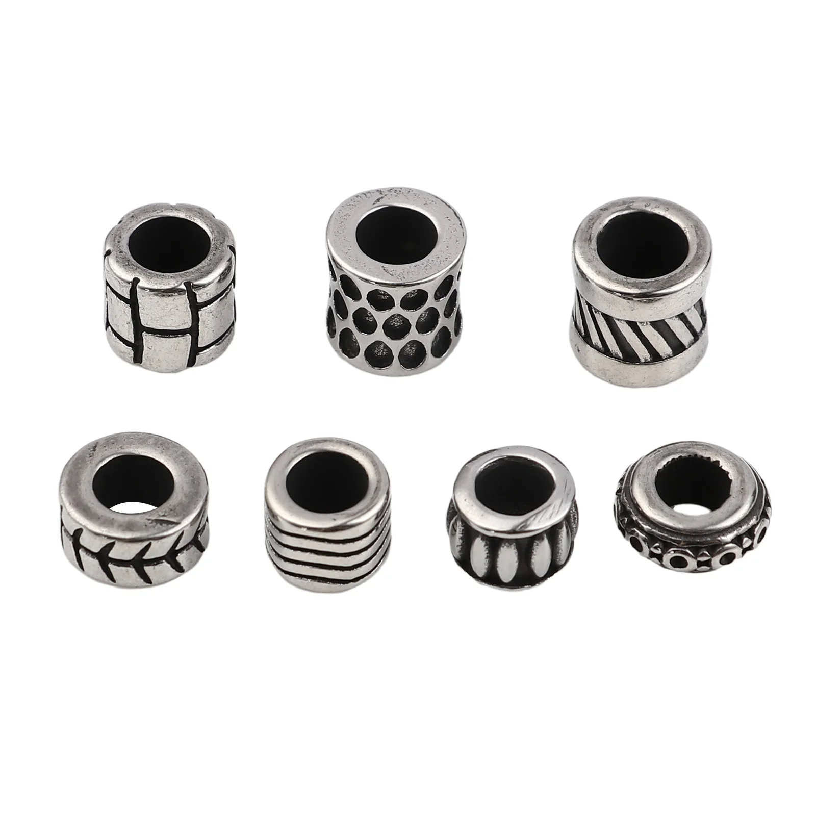 1PC Stainless Steel Beads Round Antique silver Color Circle Round Cylindrical Pattern Beads for DIY Bracelet Necklace Making