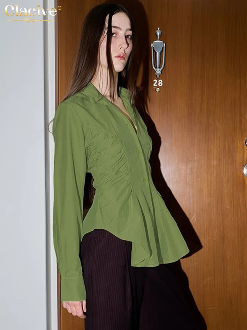 

Clacive Fashion Loose Green Women's Shirt 2026 Casual Lapel Long Sleeve Lady Shirts Elegant Classic Solid Top Female Clothing