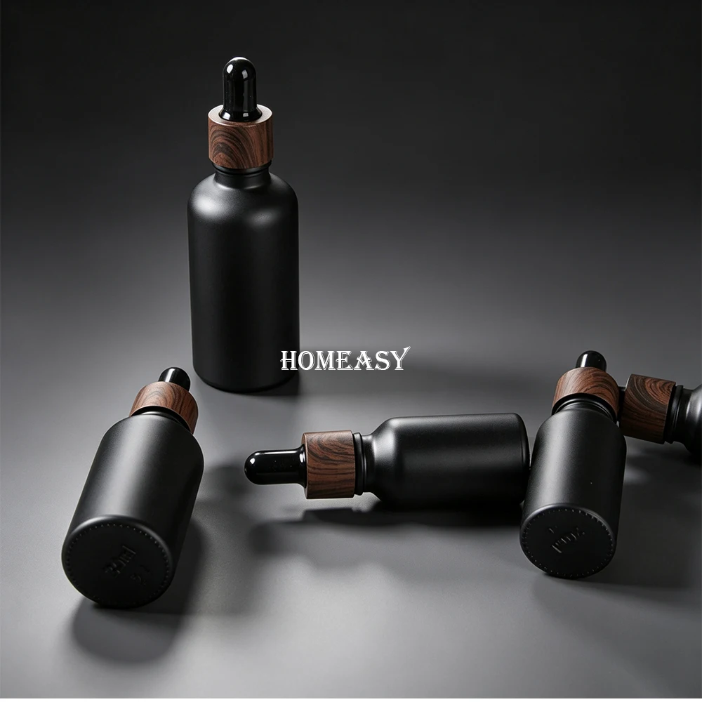 Matte Black Glass Dropper Bottle 7 Sizes Essential Oil Bottle Wooden Lid Refill Aroma Diffuser Storage view 3