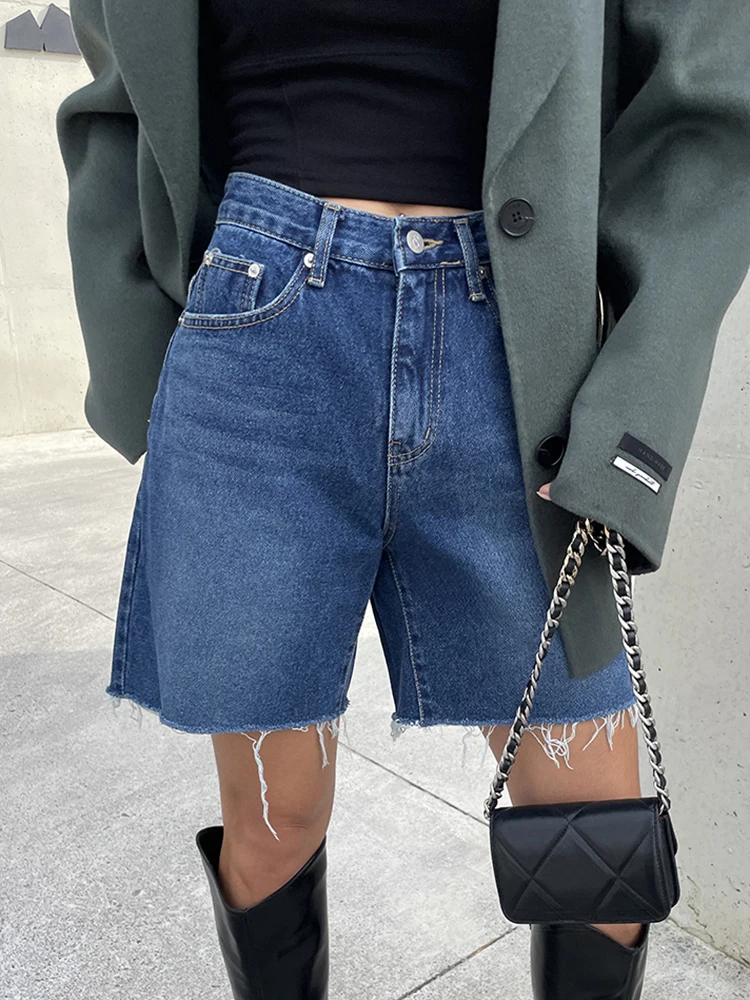 Neue 2024 sommer Hohe Taille Denim Shorts Für Frauen Taschen Grate Blau Farbe Kurze Jeans Frauen Streetwear Casual frauen Shorts