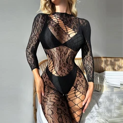 2024 Summer Sexy Women's Jumpsuit Lace Hollow Out See Through Fitted Top Casual Nightclub Sexy Jumpsuit Costume