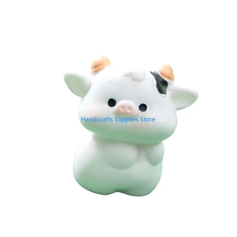 R1WA Cartoon Cow Figure Mini Miniatures Animal Garden Terrarium Resin Decorations