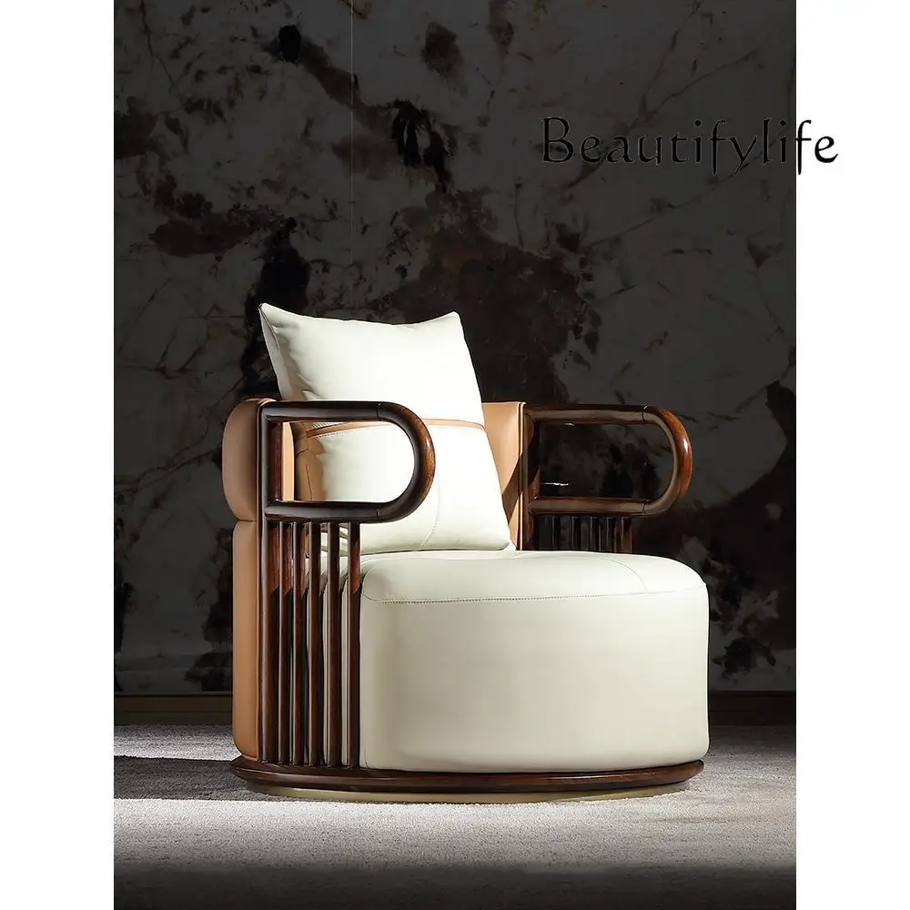 Modern New Chinese Style Ugyen Wood Leather Leisure round-Backed Armchair Oriental Aesthetic National Fashion Furniture