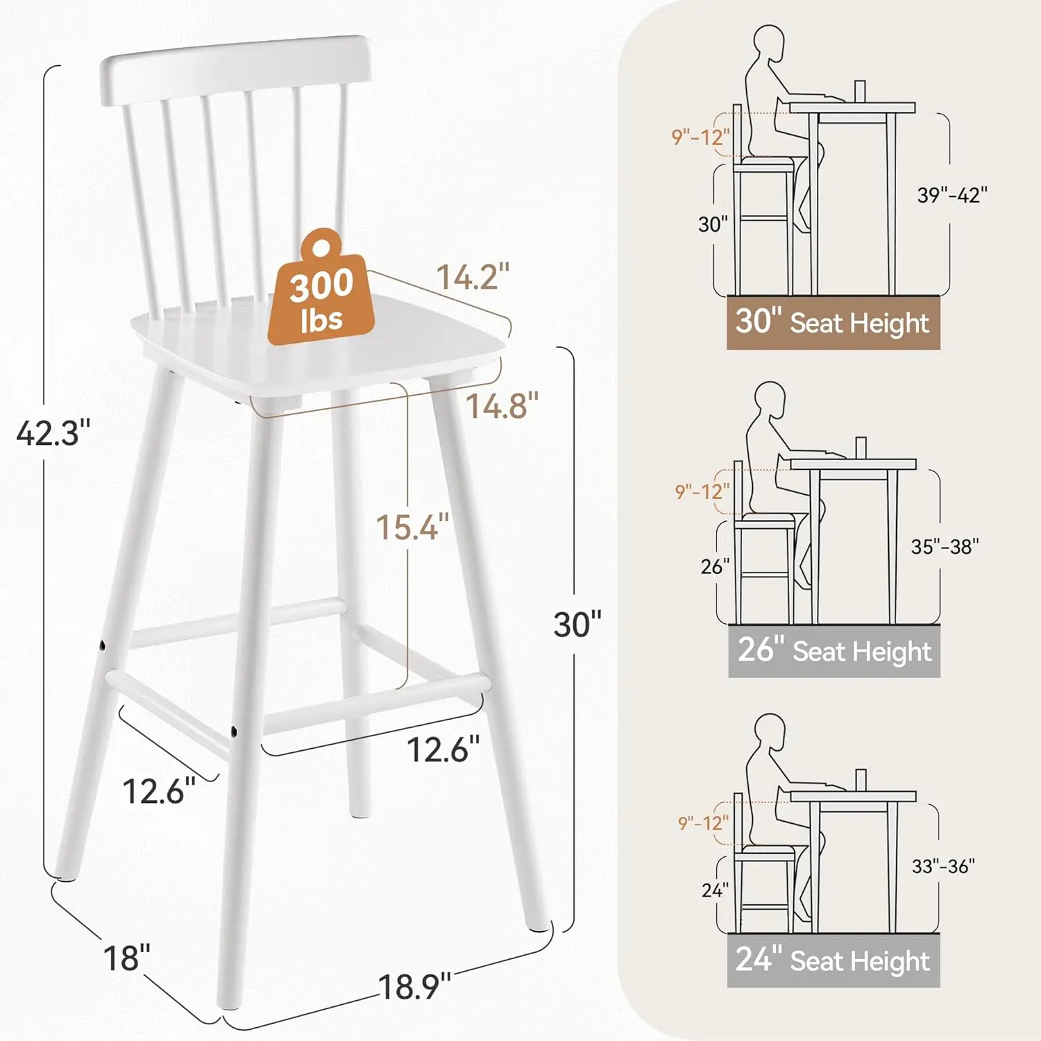 Windsor Juego de 4 taburetes de bar de madera para isla de cocina, granja, taburetes de barra de 30 pulgadas de altura, sillas con respaldo de husillo para bar y bistró