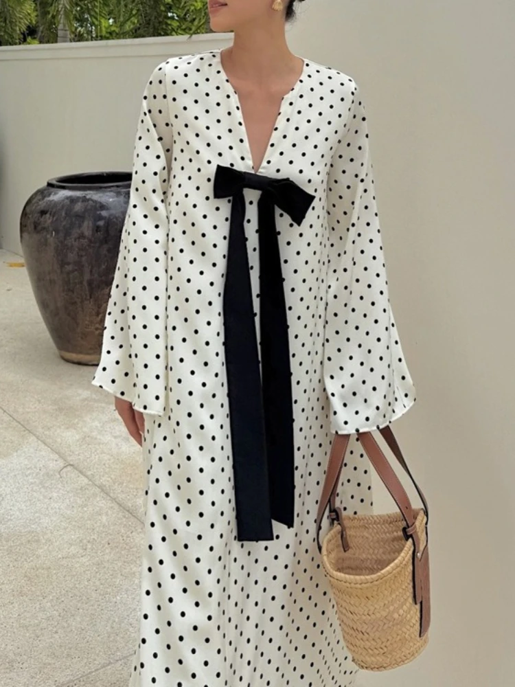 

Tossy Elegant Bow V-Neck Floral Polka Dot Maxi Dress For Women Long Sleeves Loose Contrast Party Dress Evening Women Maxi Dress