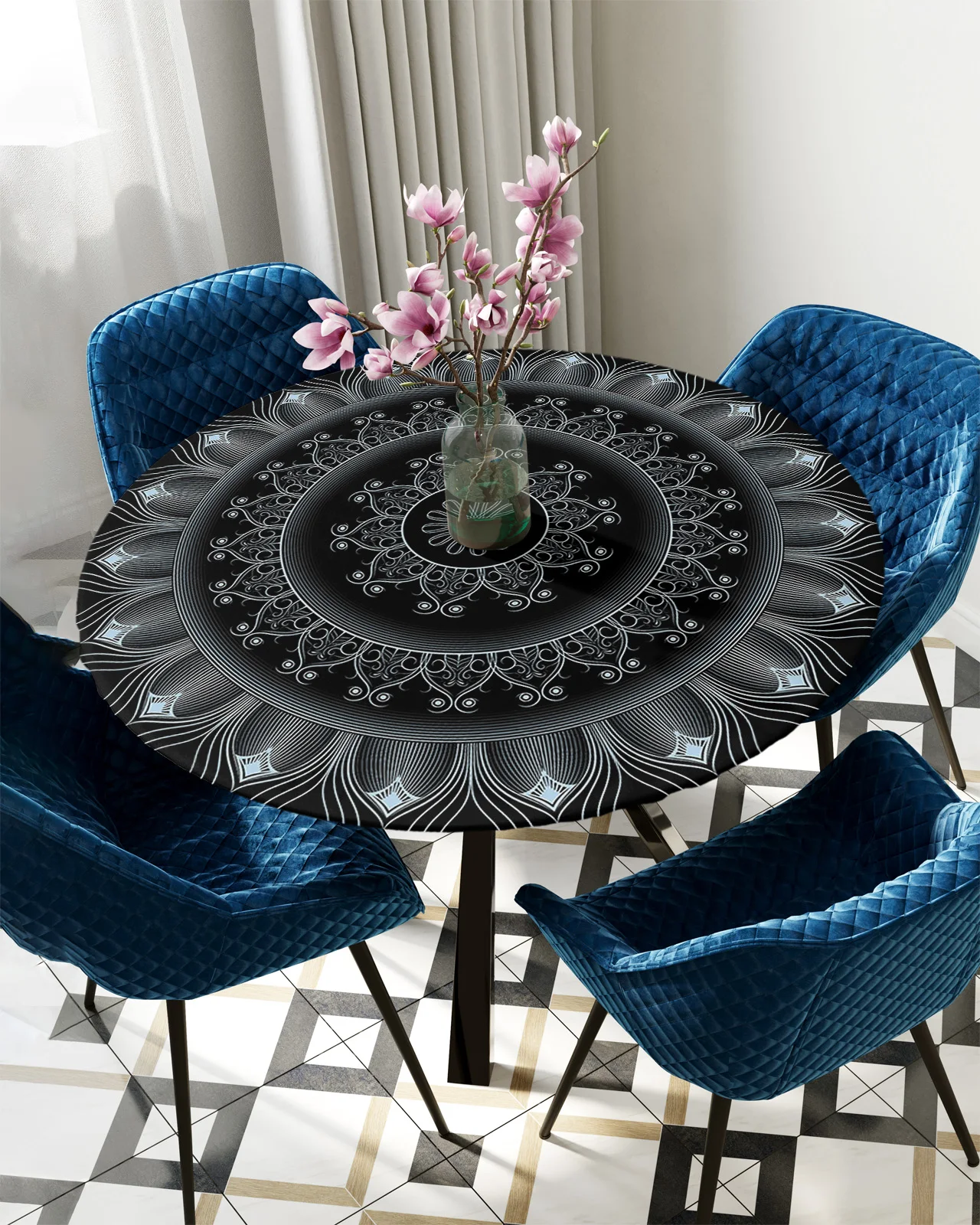 

Mandala Pattern Round Elastic Edged Table Cover Protector Cloth Waterproof Polyester Tablecloth Rectangle Fitted Table Cover