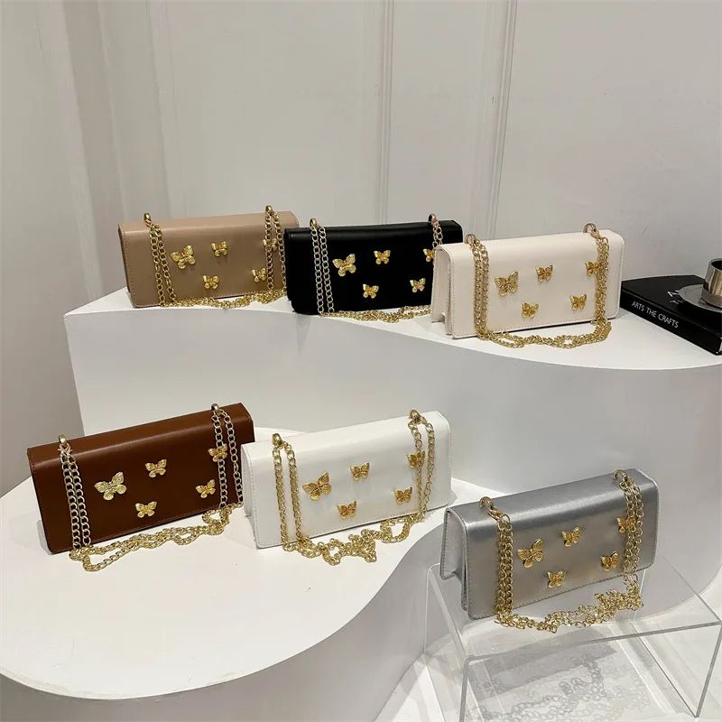 2024 New Fashion Shoulder Slant French Small Square Women's Bag Forest Style Leisure Chain Rivet Butterfly Shoulder Bag