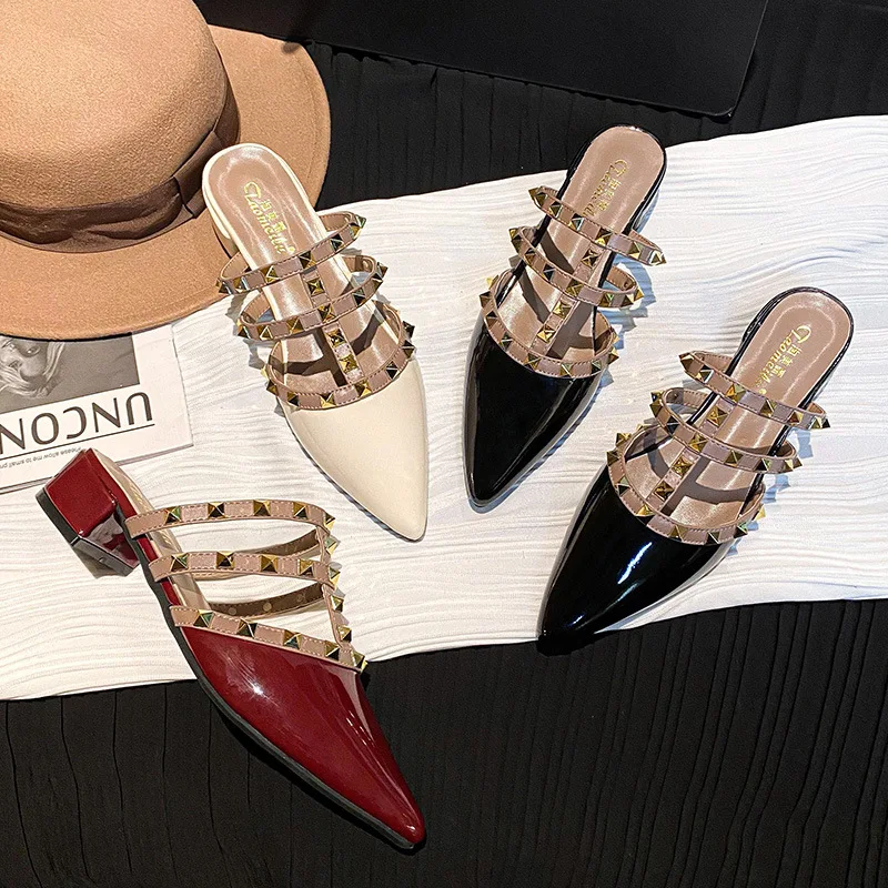 New Studded Mule Heels, Chunky Heel, Patent Leather Peep Toe, Versatile Mid-Heel Slip-On Women’s Shoes