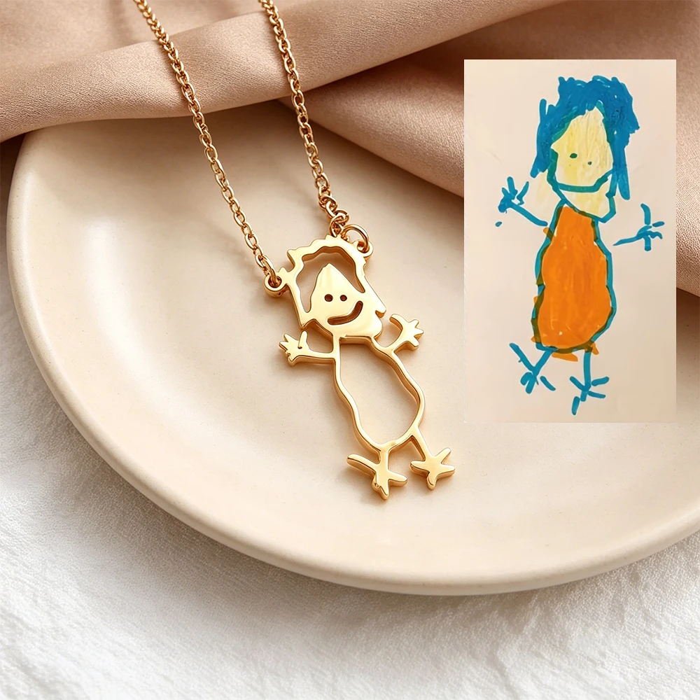 Custo personalized hand drawn character pattern stainless steel pendant necklace children hand drawn pattern commemorative gifts