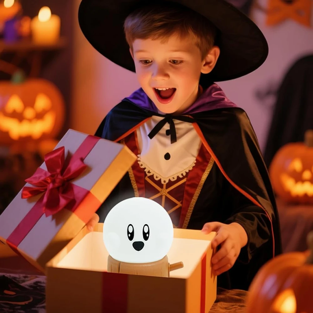 مصباح ليلي لإشعال النار قابل لإعادة الشحن، مصباح سيليكون شبح الهالوين، يعتم بجانب المصباح مع سطوع 3 مستويات