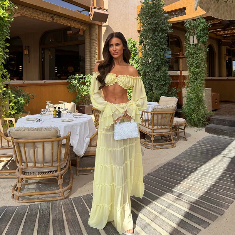 Elegant Yellow Off Shoulder 2 Piece Set Women Ruffled Sheer Chiffon Crop Top High Waist Maxi Skirt Summer Beach Vacation Outfit