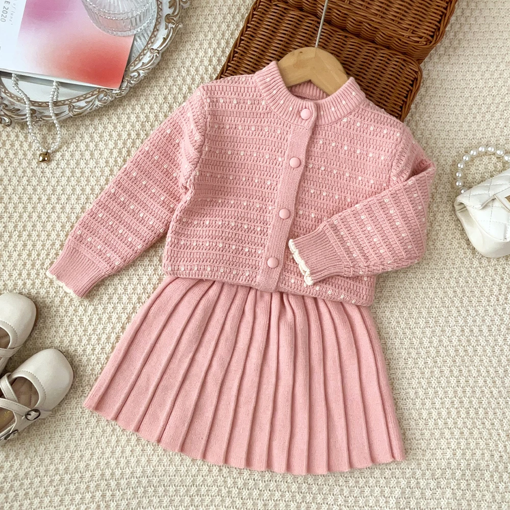 Autumn and Winter Girls Clothes Long Sleeved Knitted Sweater Cardigan+Pleated Short Skirt Kids Sweet and Cute Princess Clothing