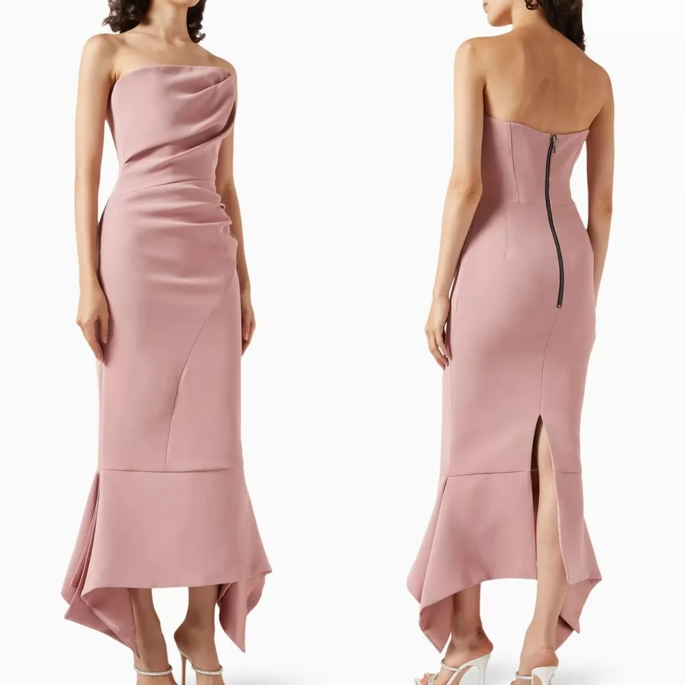 

Customized Modern Style Elegant Jersey Ruched Mermaid Strapless Ankle Length Dresses Bespoke Occasion Dresses Sizes Available