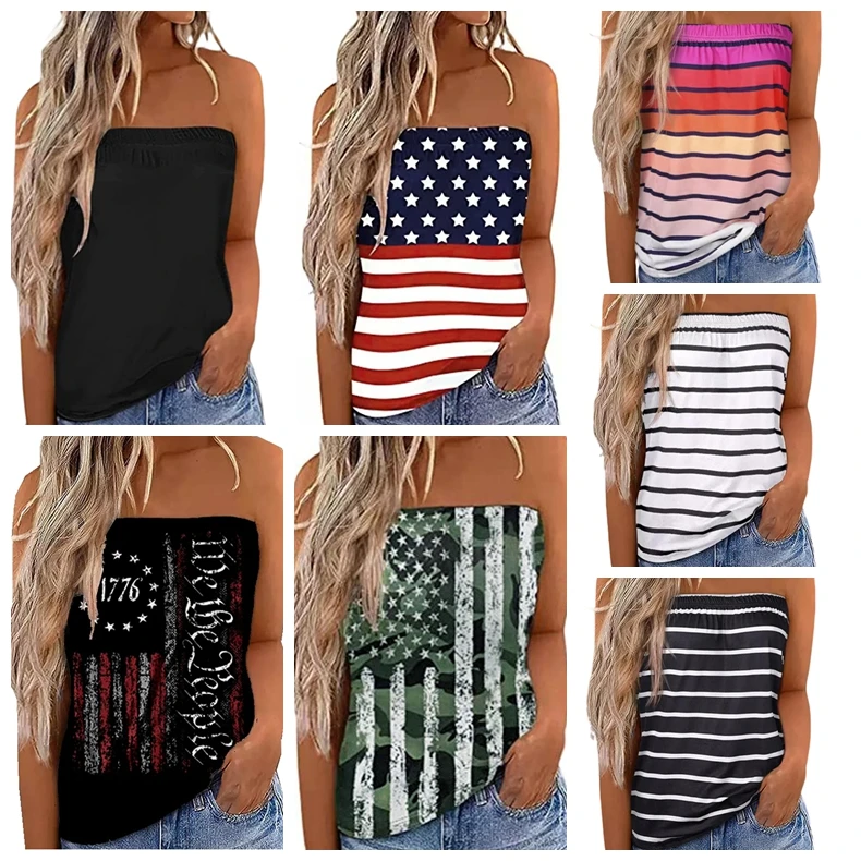 Tops de tubo sin tirantes para mujer, ropa de los años 2000, Color sólido, rayas, estampado de bandera, camisetas Bandeau elásticas, Y2k