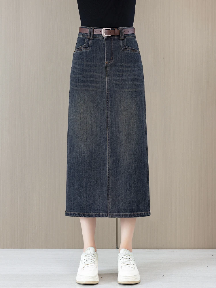 

Джинсовая юбка-карандаш средней длины с высокой талией для женщин, весна-осень, новый стиль, с открытым передом, на запах