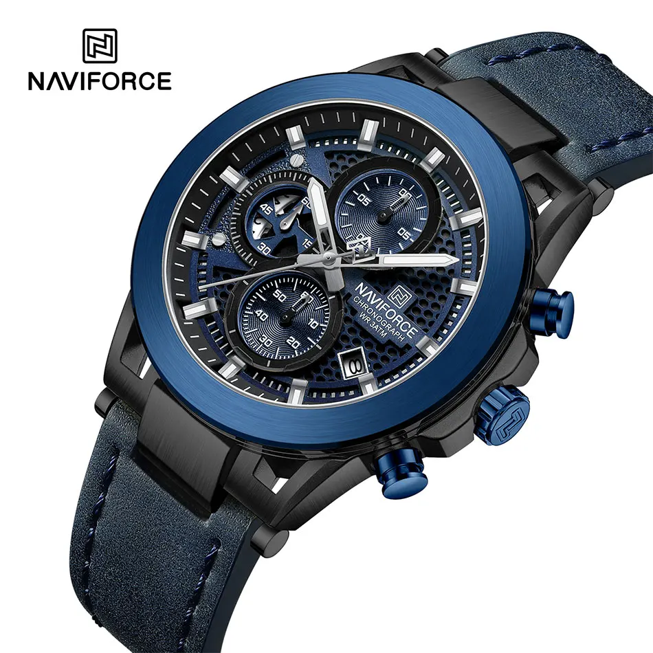 NAVIFORCE jam tangan kuarsa untuk pria, arloji militer tahan air tali kulit dengan fitur Chronograph, jam tangan olahraga untuk pria