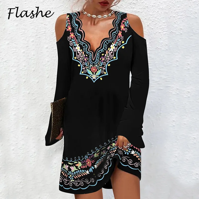 Autumn Elegant Dress Women Off Shoulder Mini Dress Loose Long Sleeve Party Dresses For Women Vintage Print Casual Dress 2023