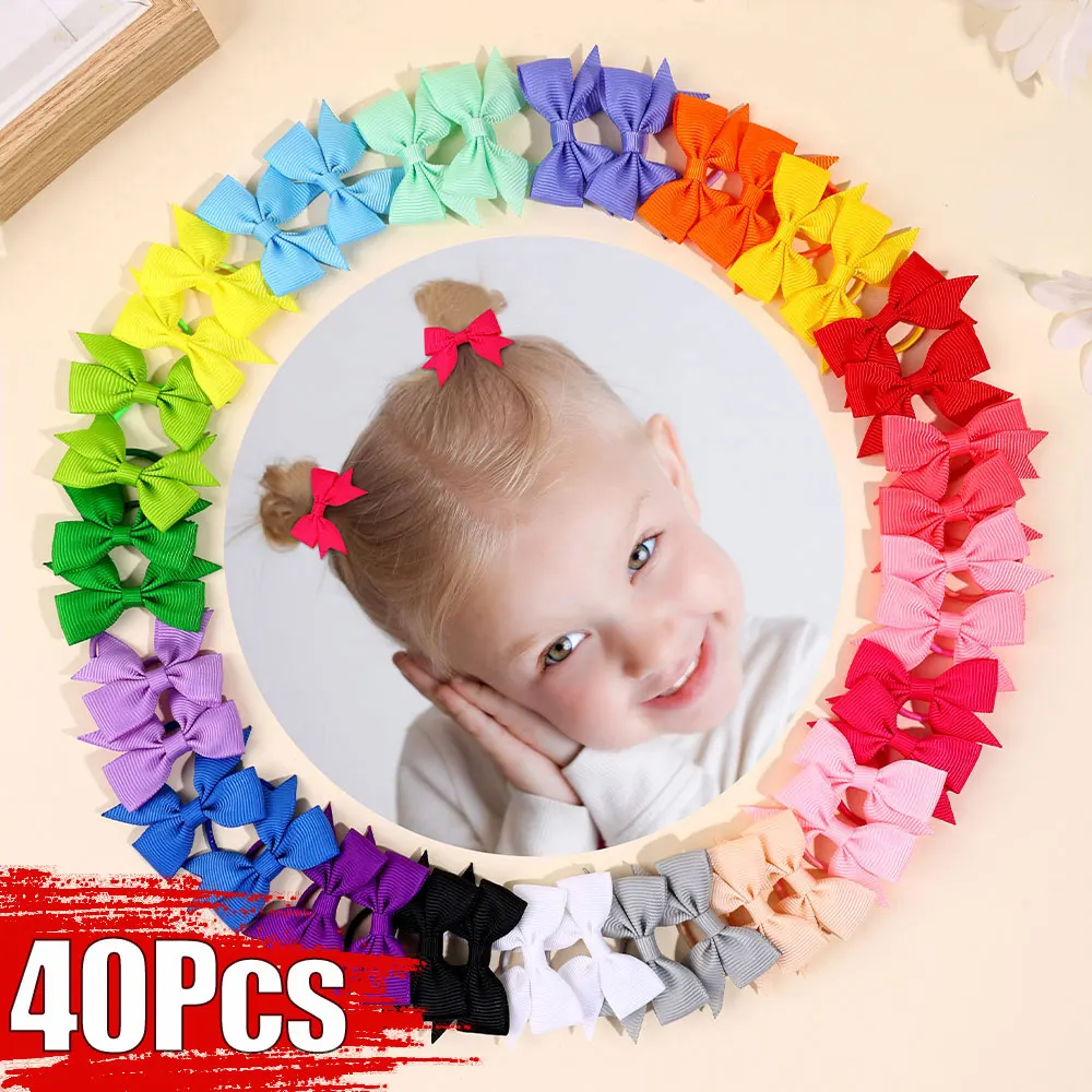 40Pcs Baby Girls Hair Bows Elastic Ties Ribbon Bow With Rubber Band Elastic Hairband Ponytail Holders Headwear Kids Scrunchies