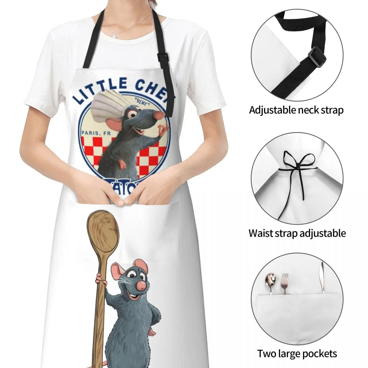 Cartoon Remy Ratatouille Chef Apron with 2 Pockets Water & Oil Resistant Adjustable Cooking Kitchen Apron for Women Men Chef