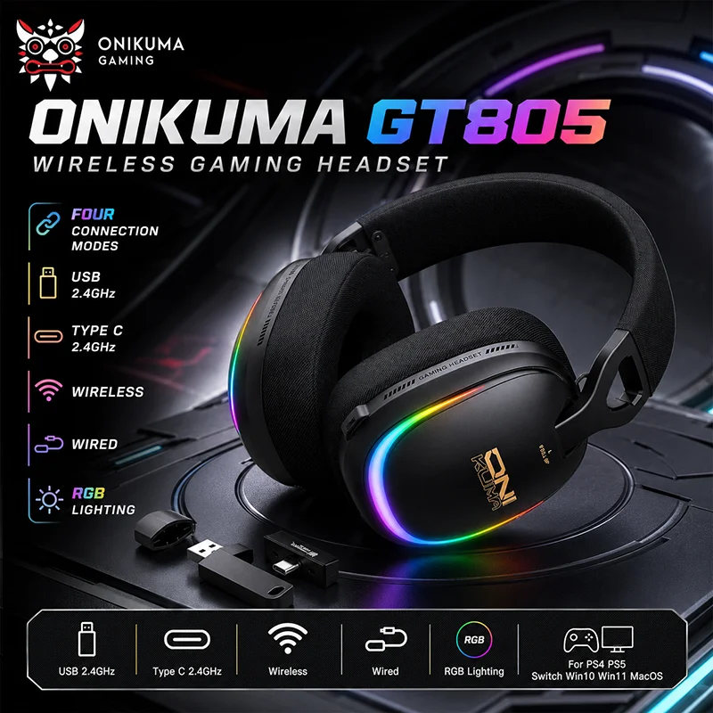 ONIKUMA GT805 Gaming Headset Tri-Connection Modes Bluetooth 2.4G USB Type C Wired RGB Over Ear Headphones For PS4 PS5 Switch PC