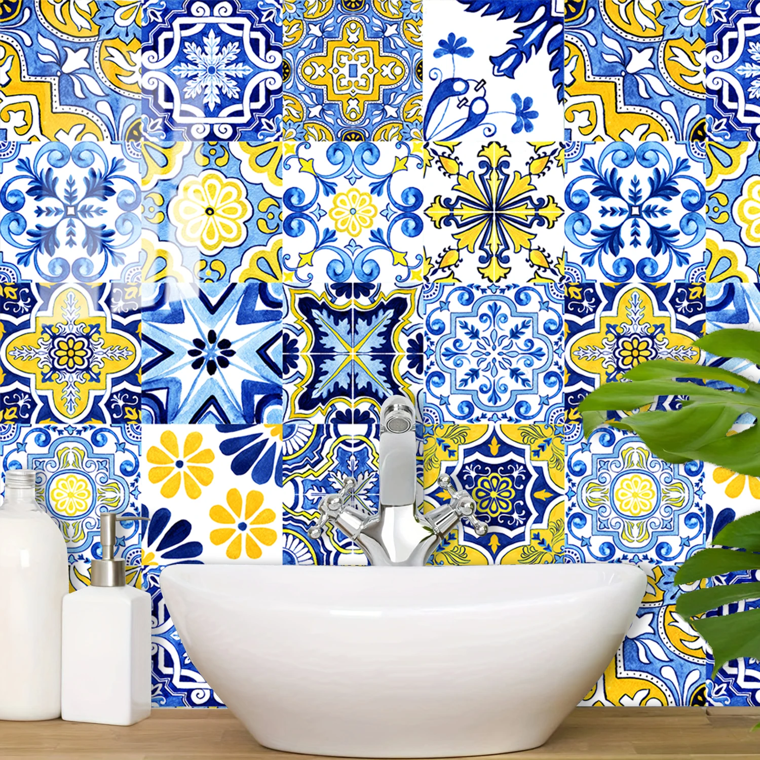 16pcs Blue Yellow Vintage Floral Portuguese Azulejo Tile Stickers Waterproof Kitchen Bathroom Backsplash Decals