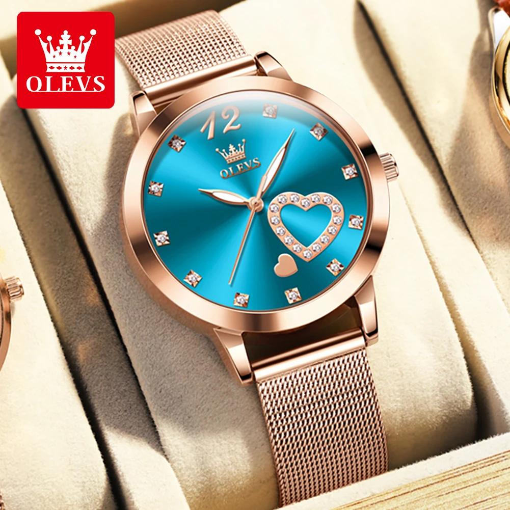 OLEVS Women's Watches Elegant Fashion Wristwatch Waterproof Luminous Original Quartz Watch for Ladies Stainless Mesh Strap Love