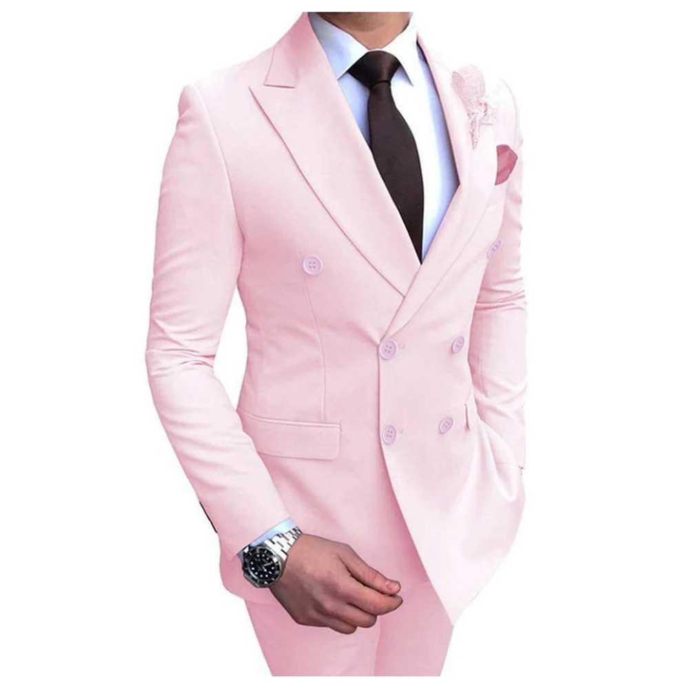 Elegant Wedding Groom Men's Suits Double Breasted Peak Lapel Flat Front Blazer Formal Occasion Slim Fit 2 Piece Jacket Pants