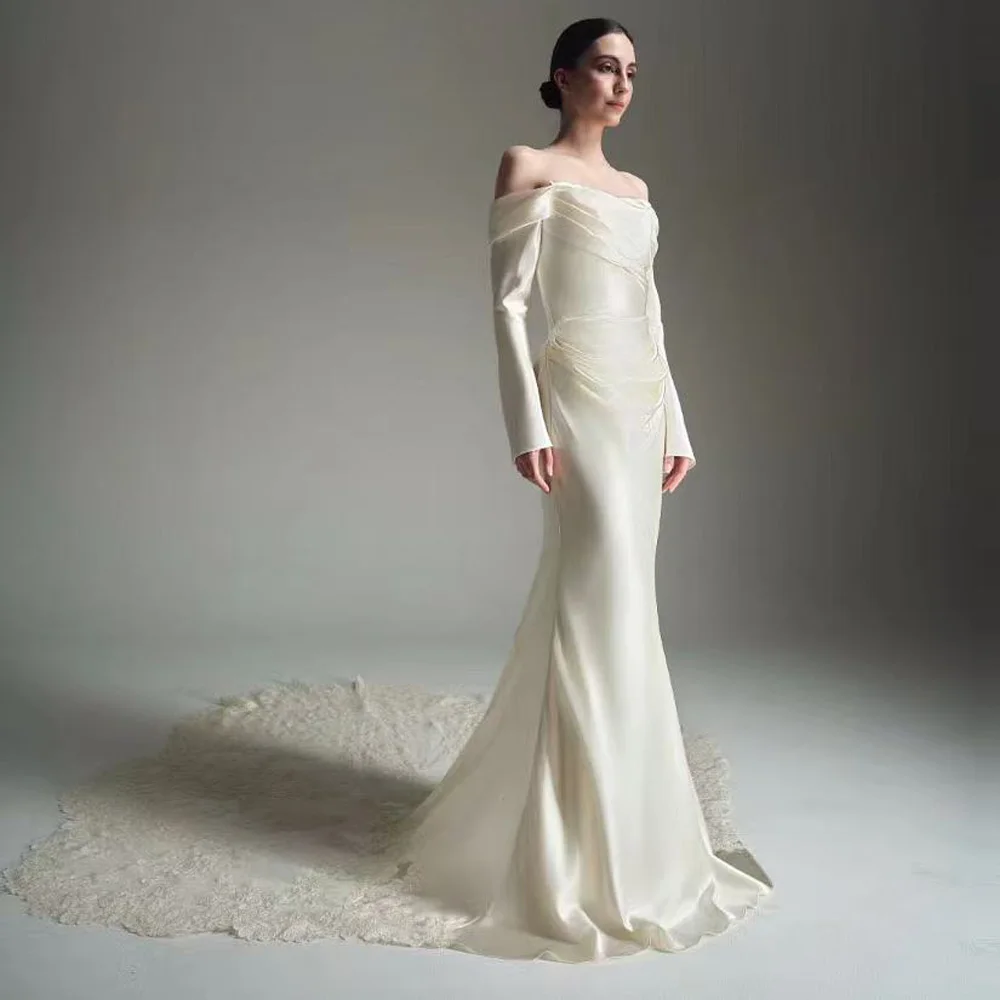 

Customized Luxury Ivory Off-the-shoulder Long Sleeve Satin Mermaid Wedding Dress, Ruched Bridal Gown with Train