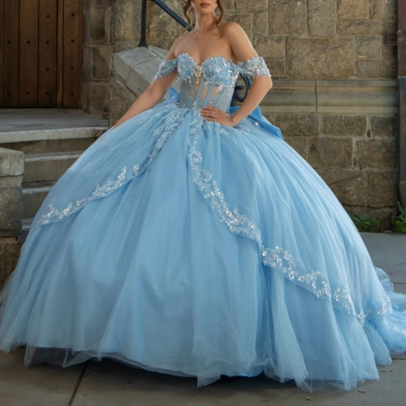 

Sky Blue Shiny Princess Off the Shoulder Sweet 16 Dress Quinceanera Dresses Applique Beads Bow Tull Party Birthday Vestidos 15