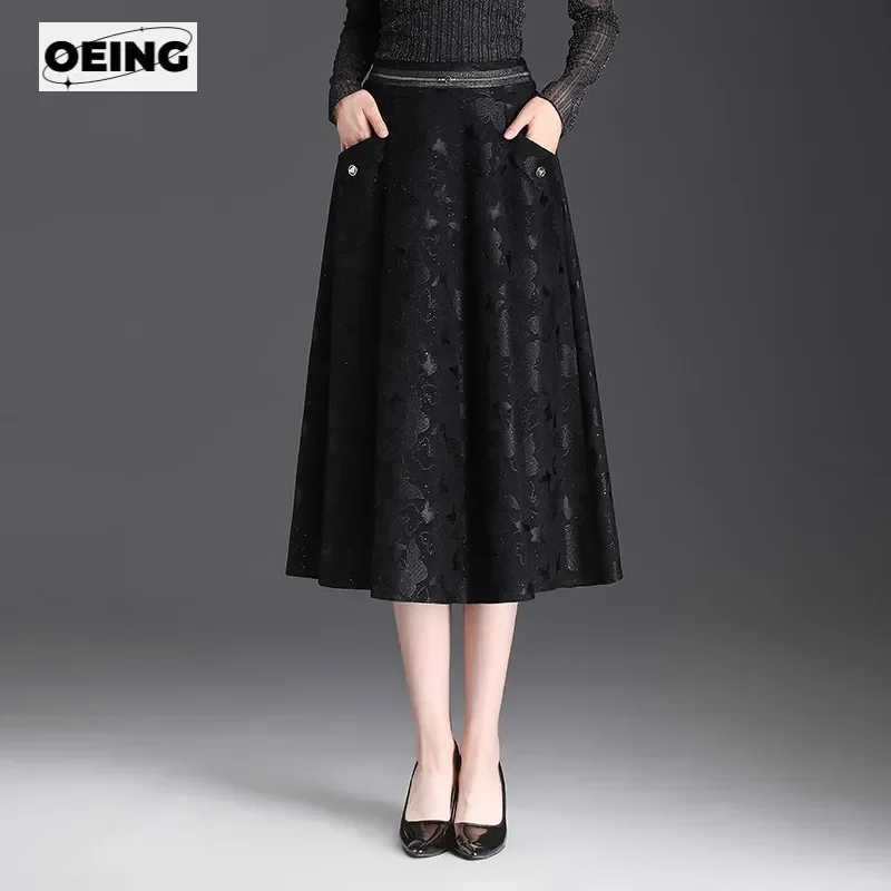 Butterfly Jacquard Chic Big Hem A-line Black Skirt Women Autumn Winter Elegant Loose High Waist Long Skirts Office Lady 7007