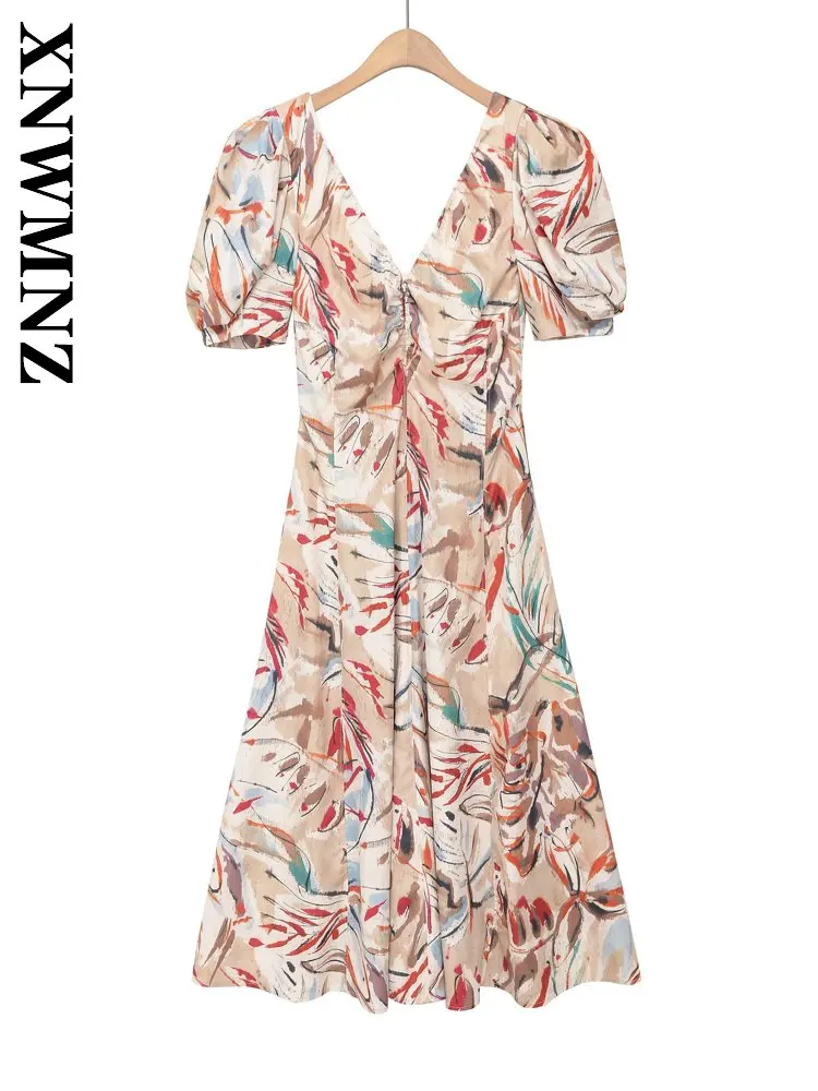 

XNWMNZ 2026 Summer New Woman's club Casual Short Sleeve V-Collar midi Dress Vintage boho Woman Holiday Thin Floral Slim Dresses