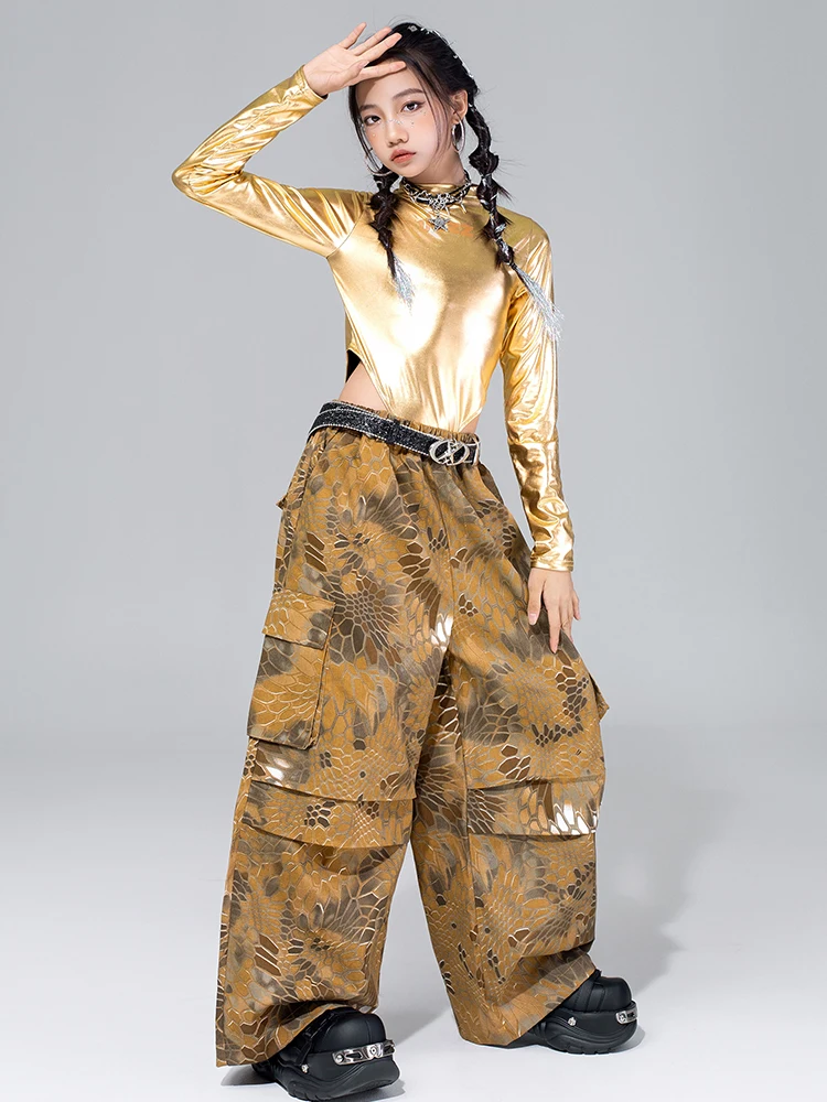 2025 roupa de jazz meninas kpop palco mostrar traje ouro dança desempenho outfit hip hop roupas de dança de rua criança moda calças 4588