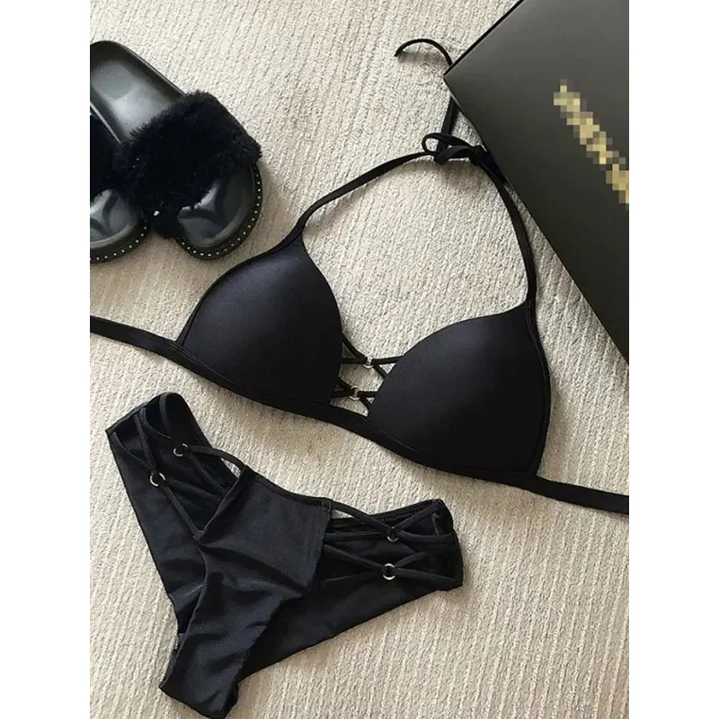 2019 Sexy Solid Black Bikini String Bikini Set Halter Swimsuit Backless Bathing Suit Women Brazilian Biquini Push Up Swimwear