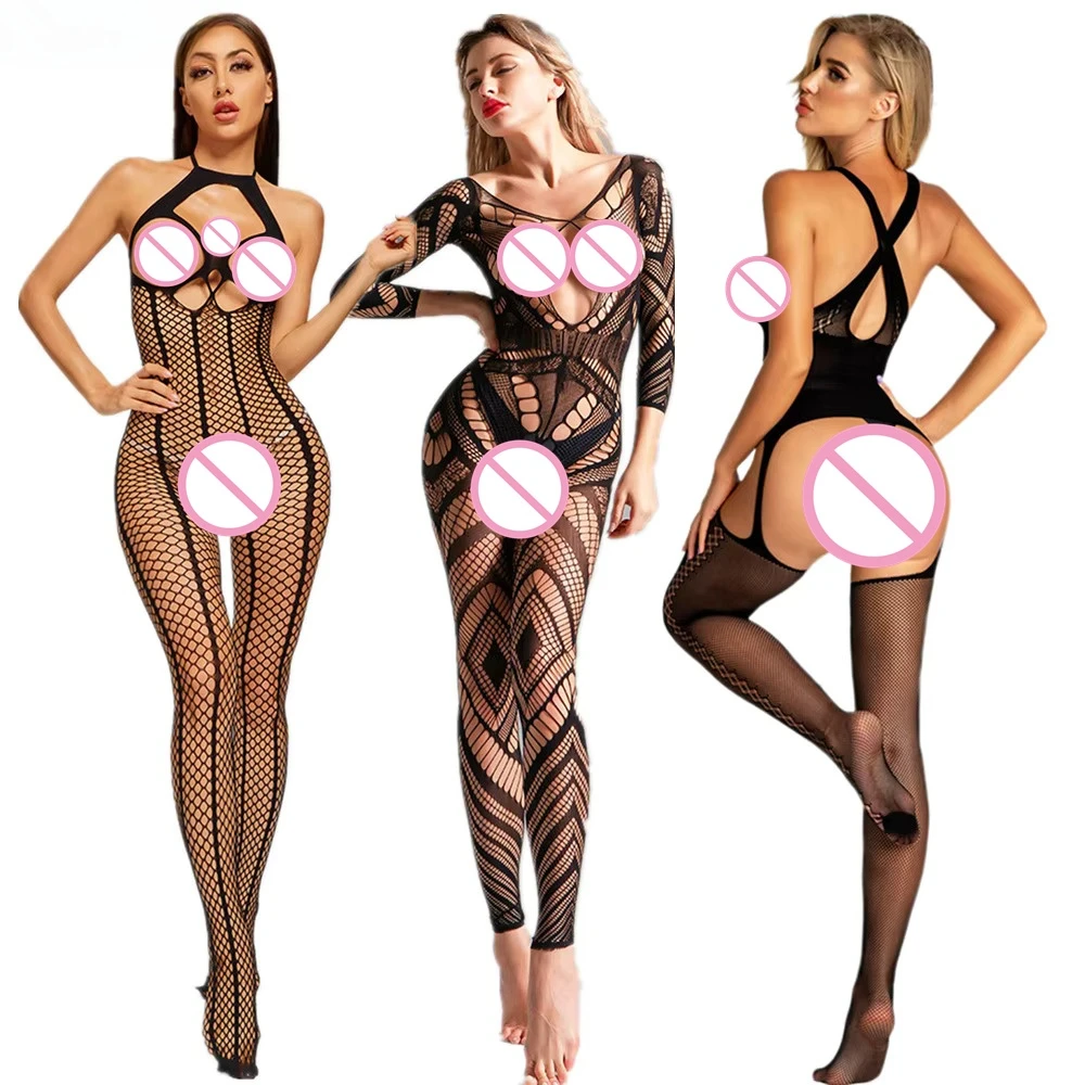 Erotic Fishnet Bodysuits Halter Plus Size Women Transparent Open Crotch Sexy Costumes Body Stockings Mesh Tights Porno Lingerie