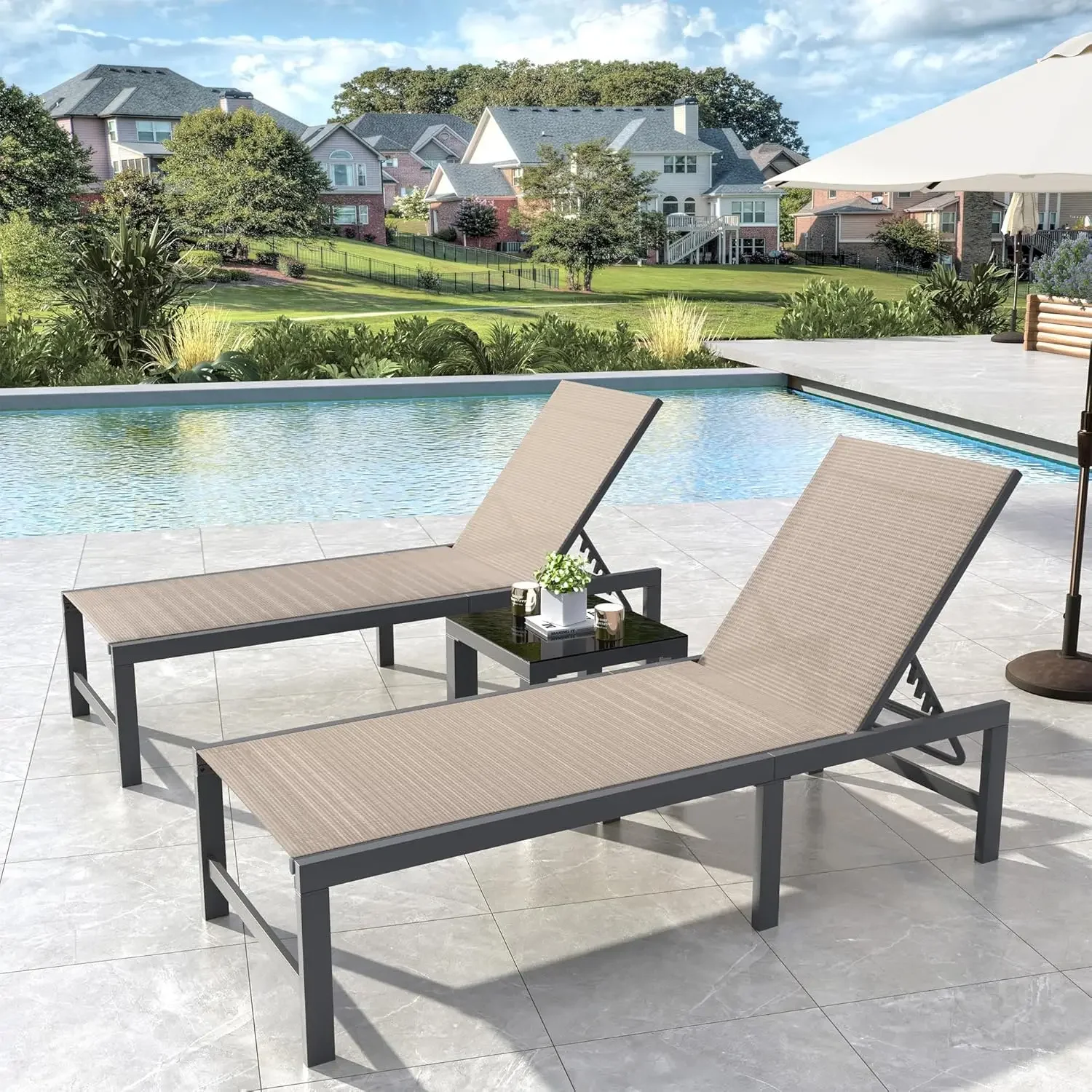 Chaise Lounge Outdoor 3 Pieces Pool Lounge Chair, Adjustable Lounge Poolside Lay Flat Sunbathing Backrest with Table for Patio