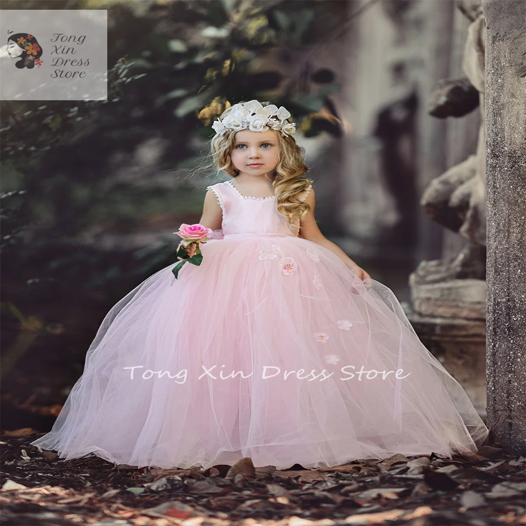 Customized Tulle First  Little Girls Flower Girl Dresses Communion Dress Square Ball Gown For Weddings Cheap Lace Back With