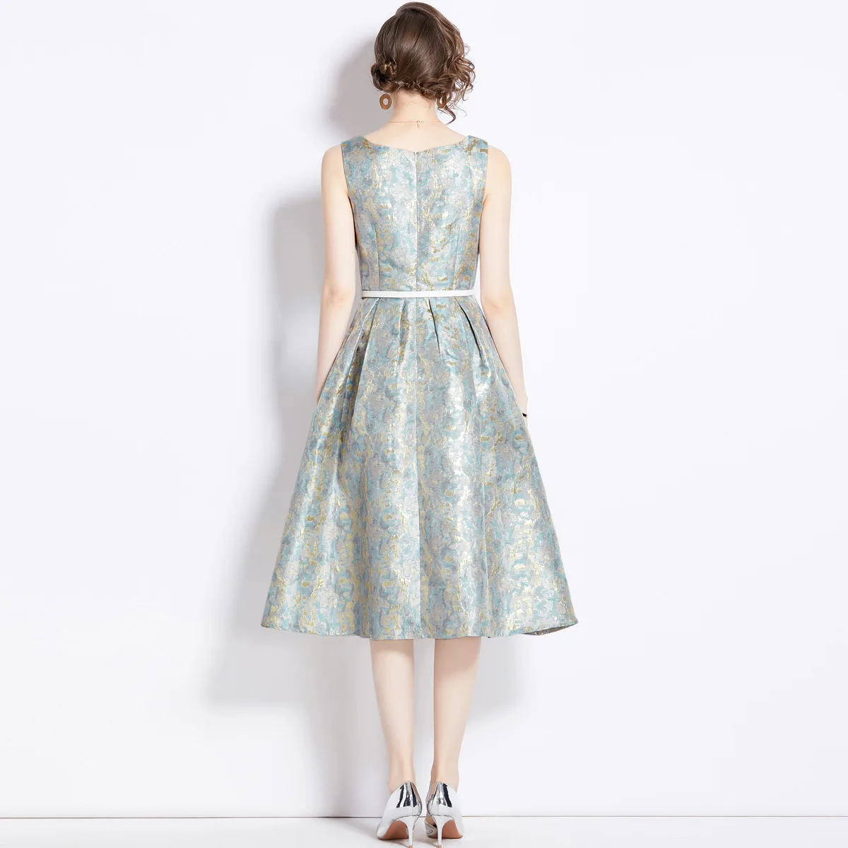 Robe jacquard fibre vintage pour femme, col carré avec ceinture, robe de cocktail, robes de soirée et de Rh