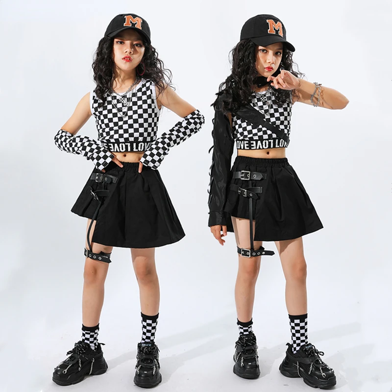 Meninas Hip Hop Xadrez Top Colheita Saia Criança Streetwear Cool Goth Clothes Sets Street Dance T-shirt Crianças Verão Jazz Trajes