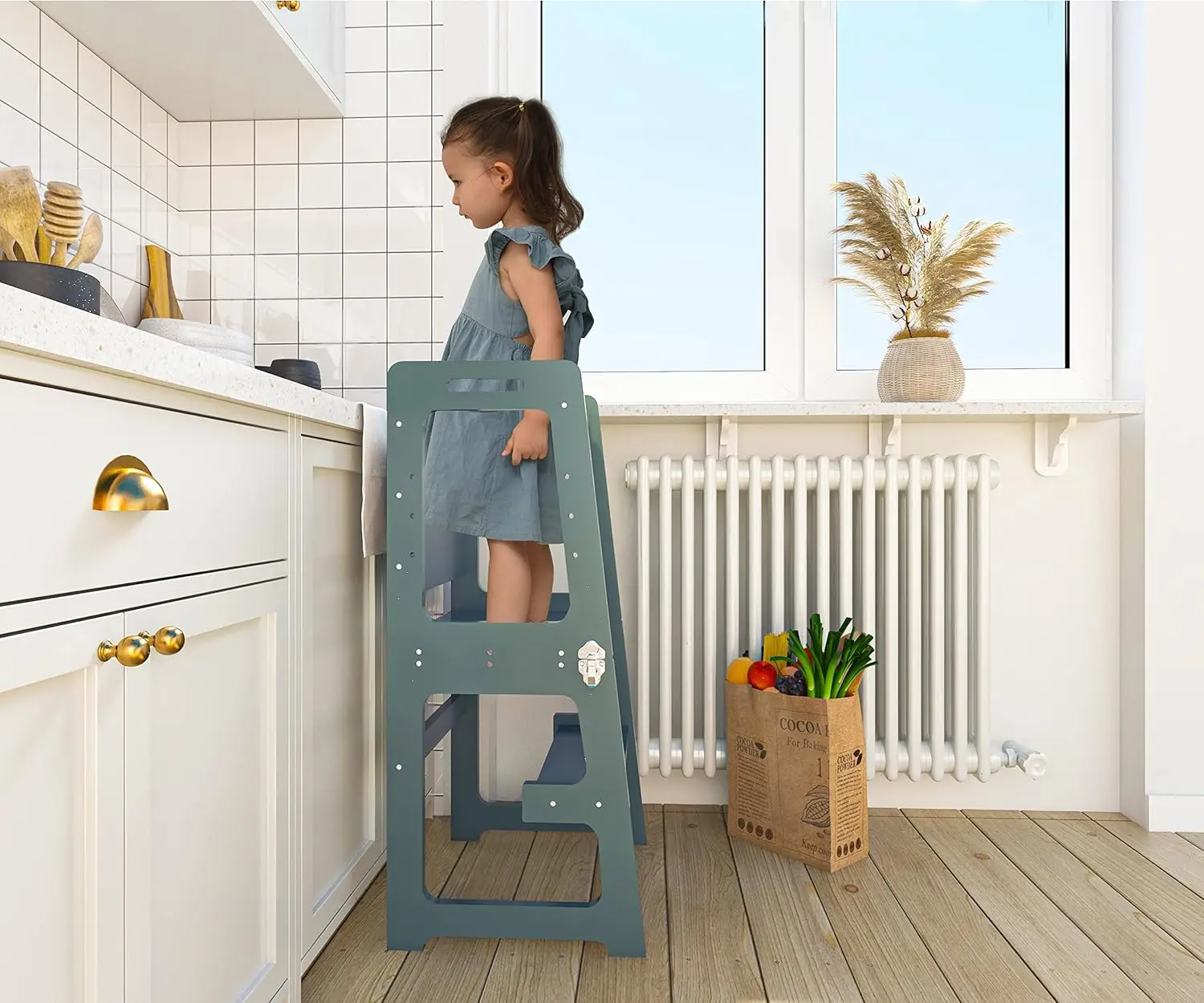 Date 4-in-1 Foldable Kitchen Tower - Toddler Step Stool with Chalkboard, Desk Table and Chair - Waldorf and Montessori Kitchen S