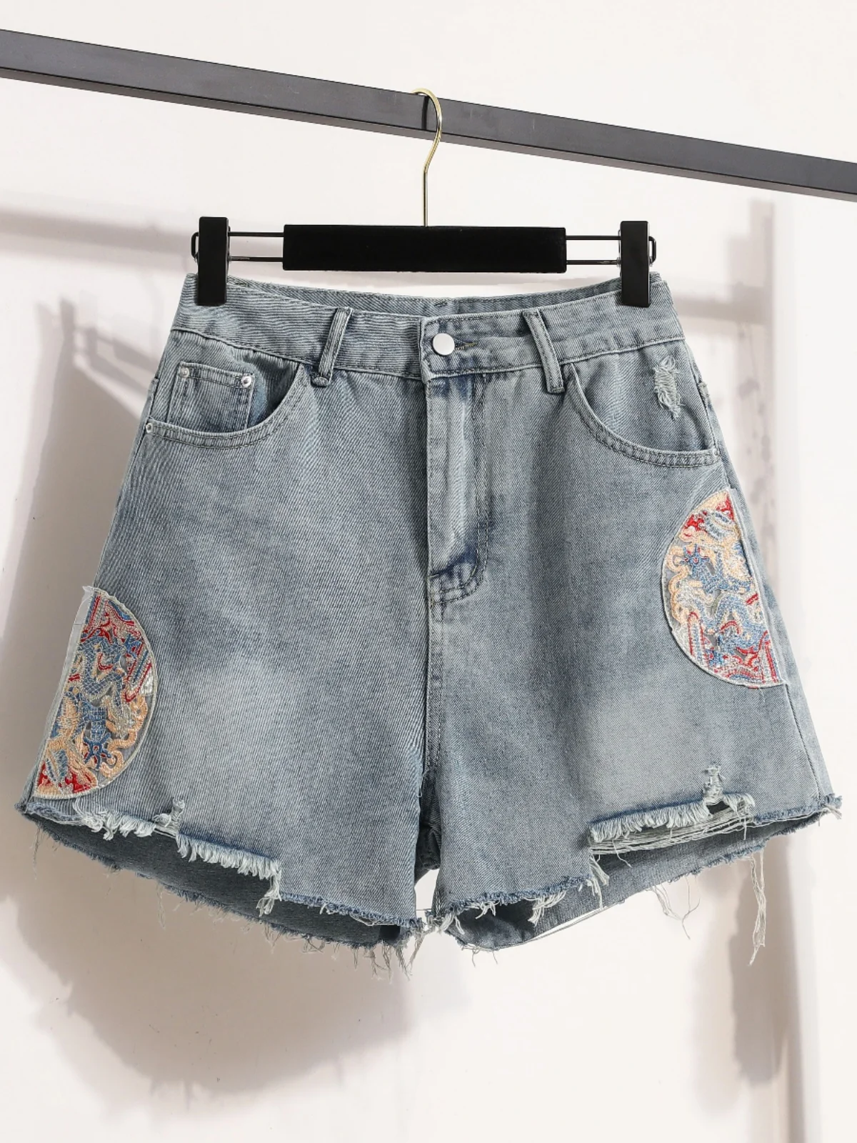 

New Chinese Sle Embroidered Hole Denim orts Women Summer 2024 plus Size Design Sense A-Line Pants High Waist Straight Leg
