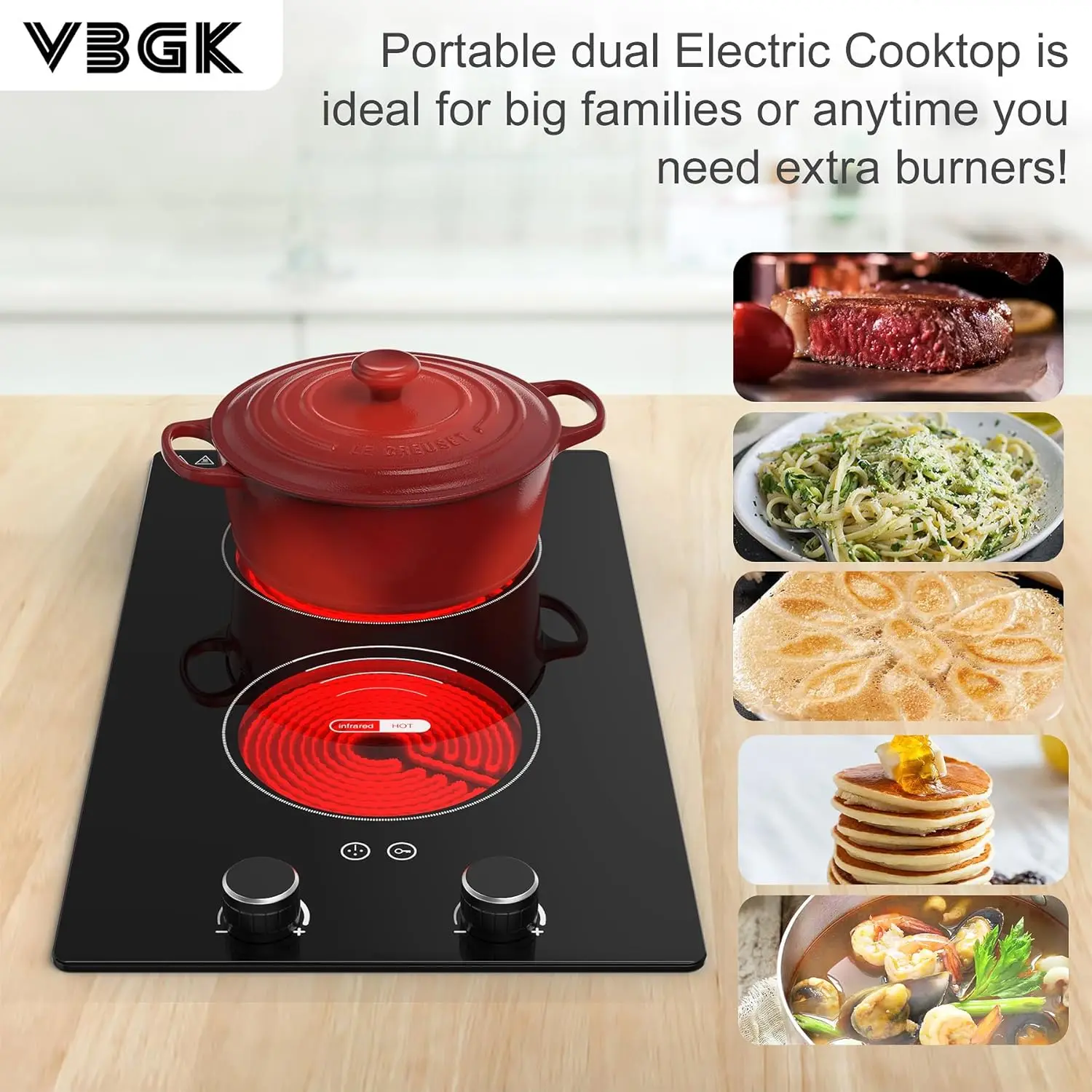 Electric Cooktop,110V Electric Stove Top with Knob Control, 9 Power Levels, Kids Lock & Timer, Hot Surface Indicator, Overheat