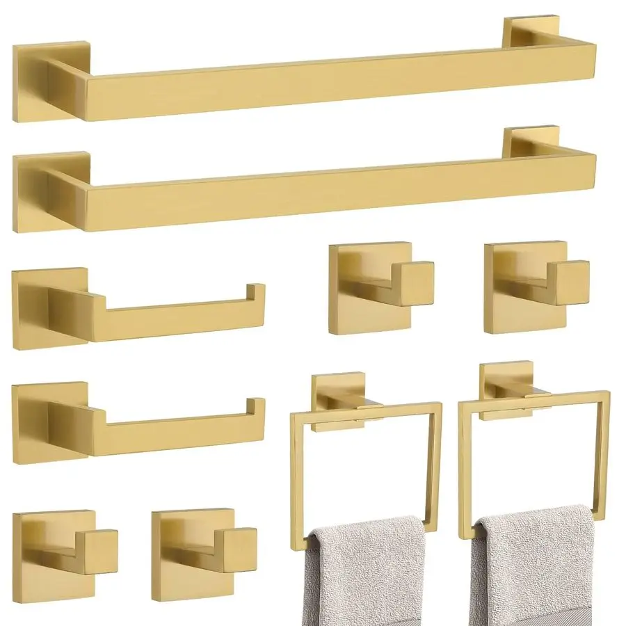 

Brushed Gold 10 Pieces Bathroom Hardware Accessories Set Towel Bar Set Towel HolderampRacks Set for Bathroom,SUS304 Stainless S