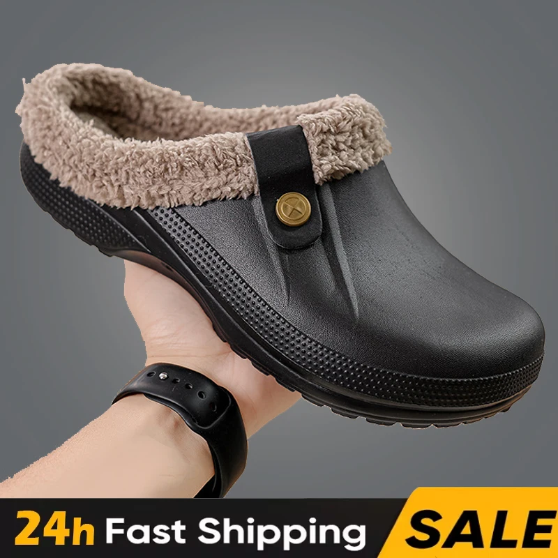 Men's Winter Colgs Slippers Waterproof Garden Shoes Home Fur Clog Soft Plush Slippers Bedroom Fuzzy Indoor Outdoor Flat Sandals