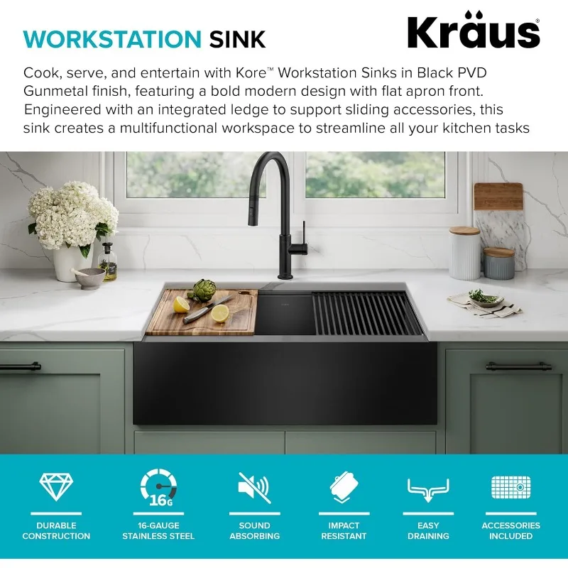 KRAUS Kore Workstation 33-inch Farmhouse Apron Front 16 Gauge Black Stainless Steel Single Bowl Kitchen Sink